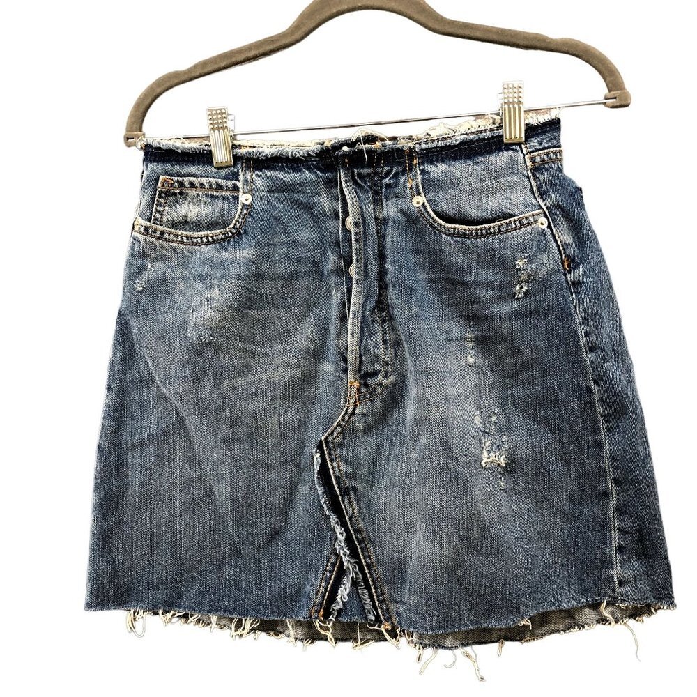 Zara Denim Mini Skirt Size S Frayed High Rise Button Fly A Line Blue‎